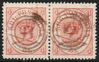 FRIMÆRKER DANMARK | 1864-70 - AFA 13 - 4 Skilling rød Krone Scepter i par - Stemplet